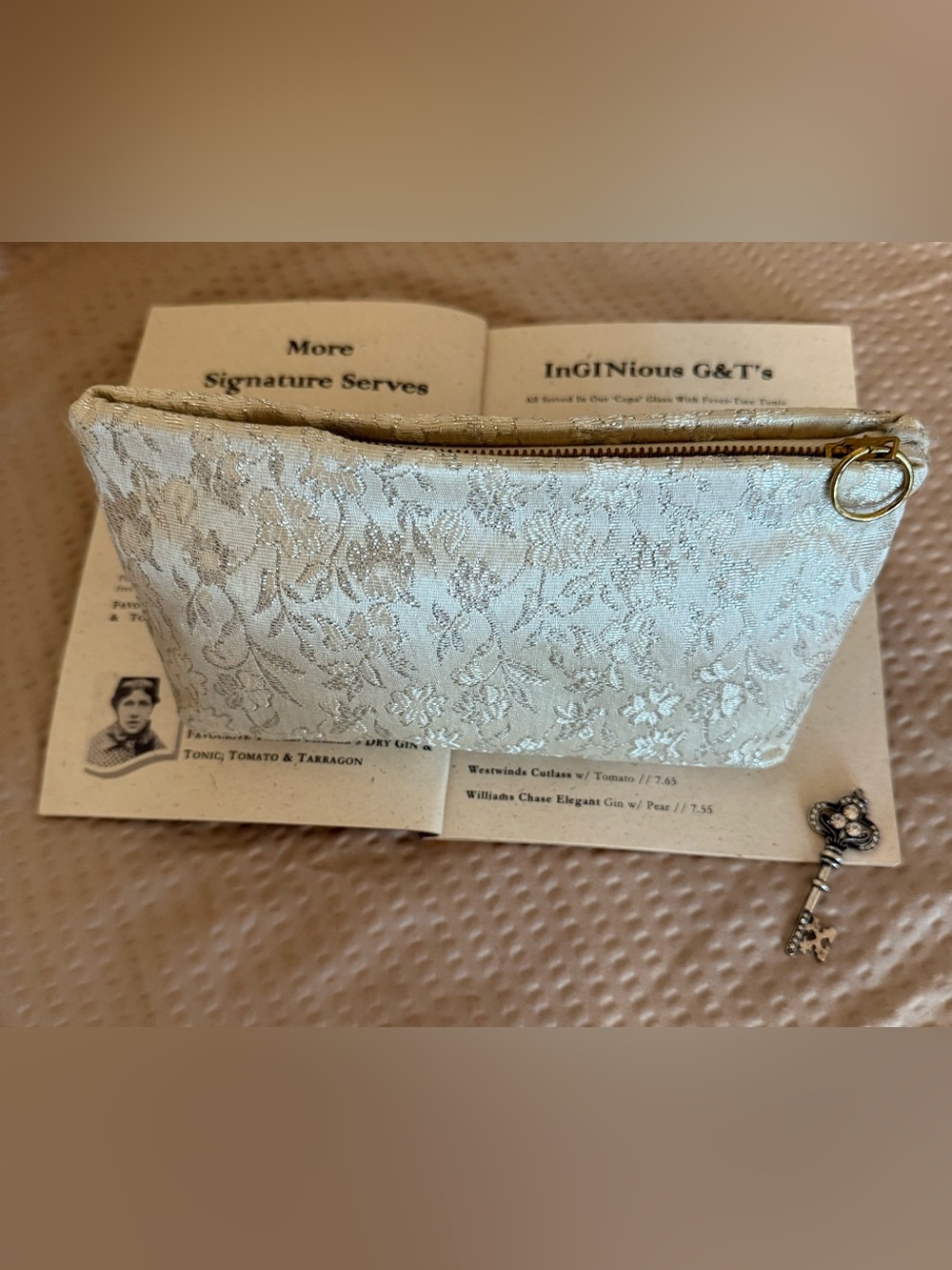 Vintage Ivory Silver Brocade Evening Clutch TRIO Ring Zipper